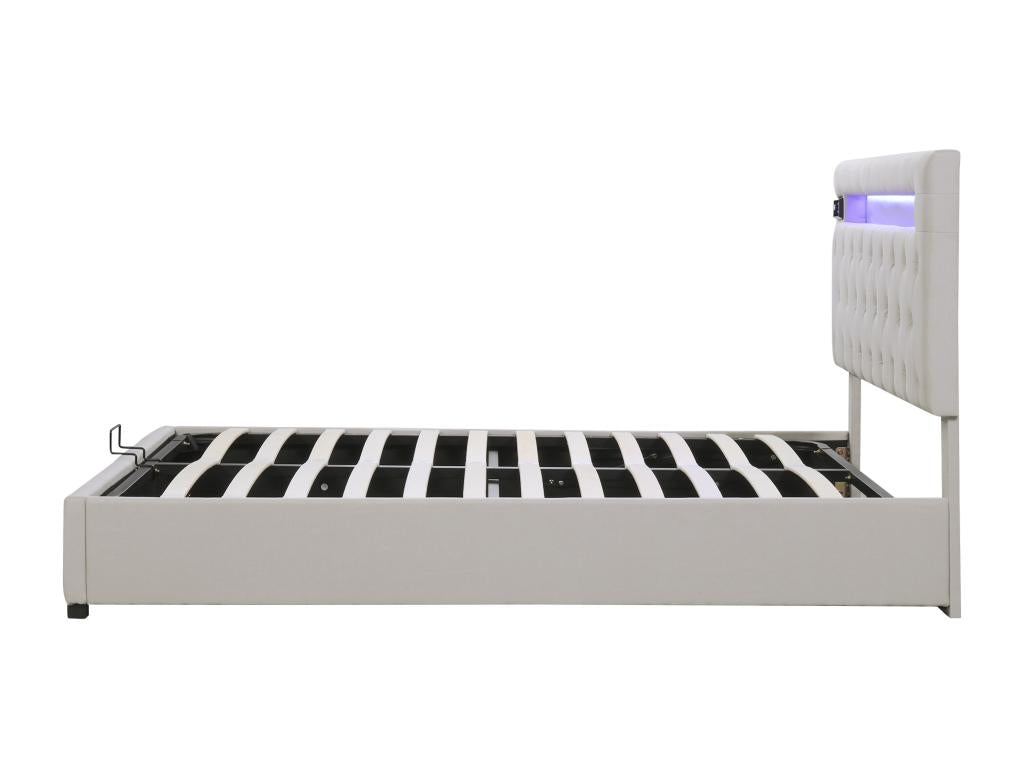 140x200cm Storage Bed - with USB Charger and Bluetooth Player - Beige - Zensova FGSU74520