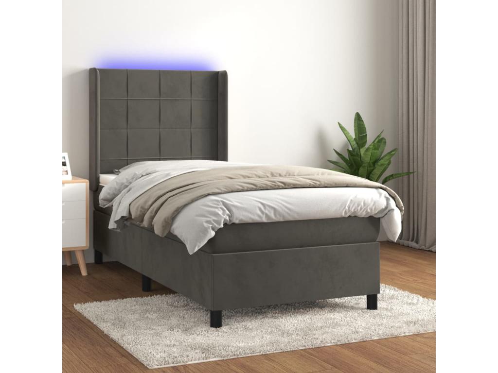 Upholstered bed base with mattress and LED lighting, Dark Grey, 100x200 cm, Velvet, IKYA16275