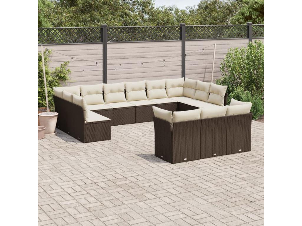 13-piece garden furniture set with cushions, brown woven resin TSPB20665
