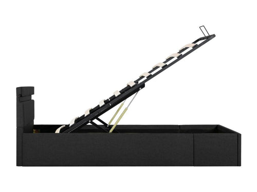 Bed frame with hydraulic storage and dark grey LED lighting, 100x200cm, RKFW47059