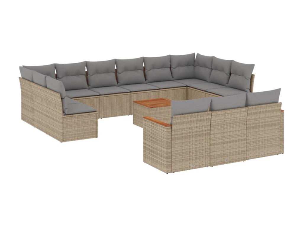14-piece garden furniture set with cushions, beige woven resin KNRN79192