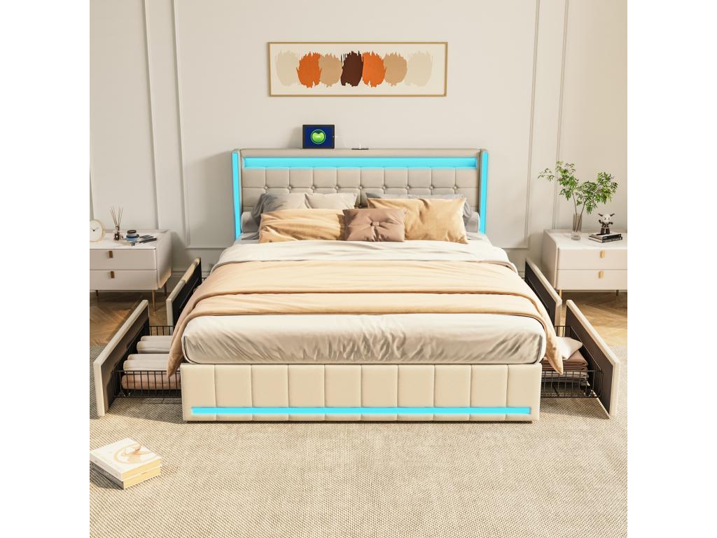 Upholstered bed, double bed 140x200cm, beige, with 4 drawers, LED and USB ports, MMVK38578