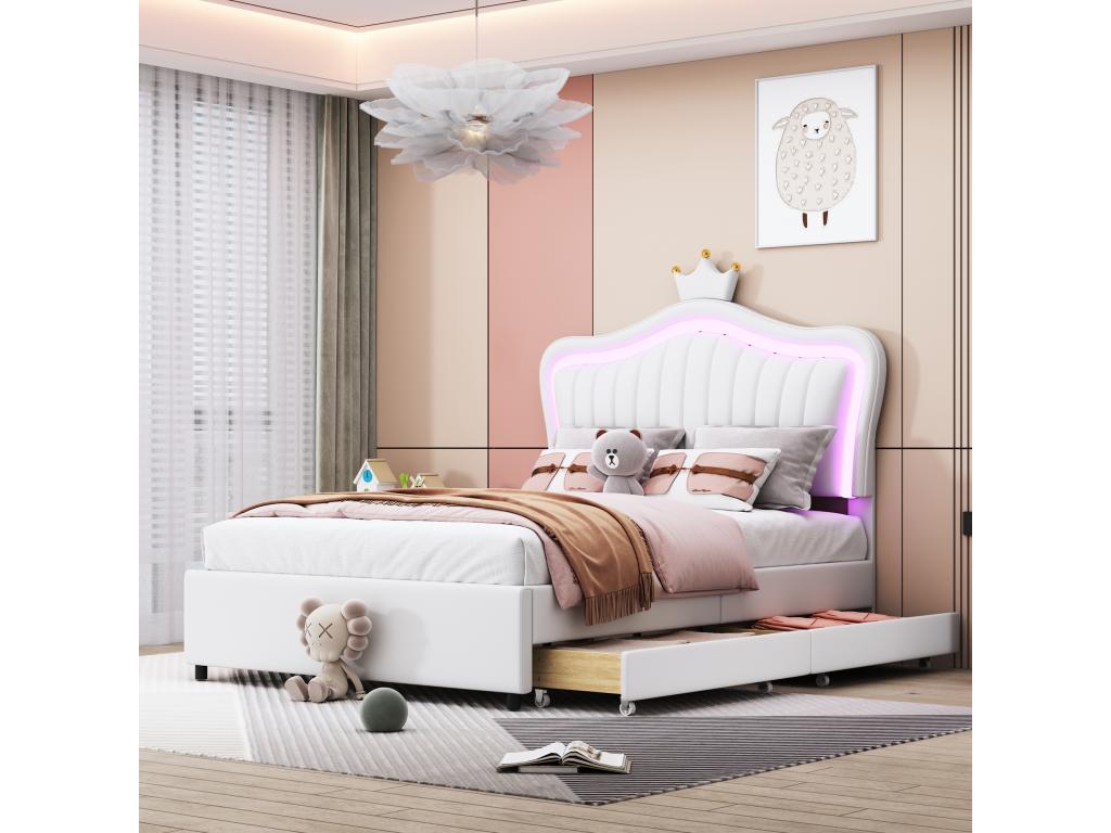 Upholstered bed 90x200 with 2 drawers - PU leather padding - Crown-shaped headboard - White NSEJ31038