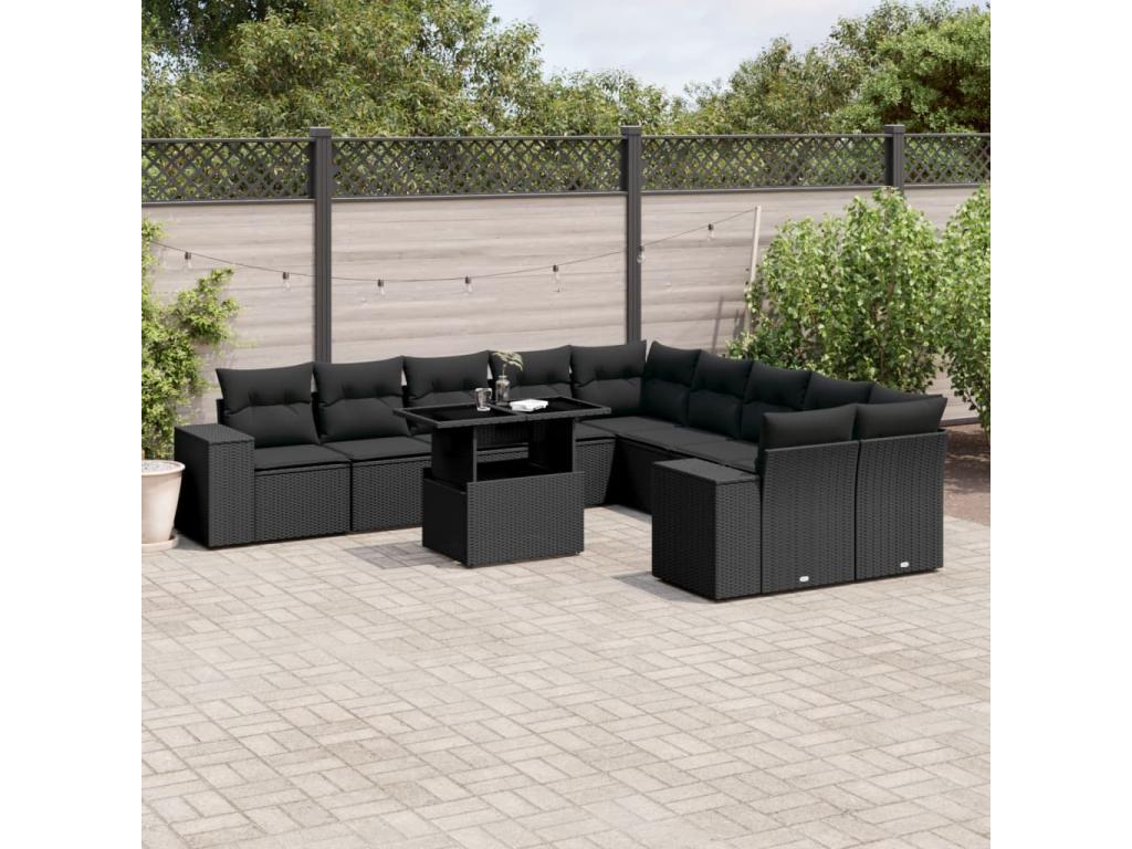 11-piece garden furniture set with cushions, black woven resin AZVX05822