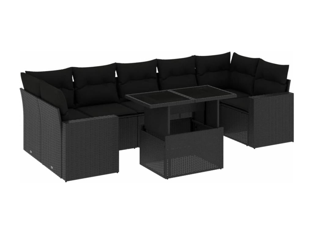 8-piece garden furniture set with cushions, black woven resin CGCZ48484