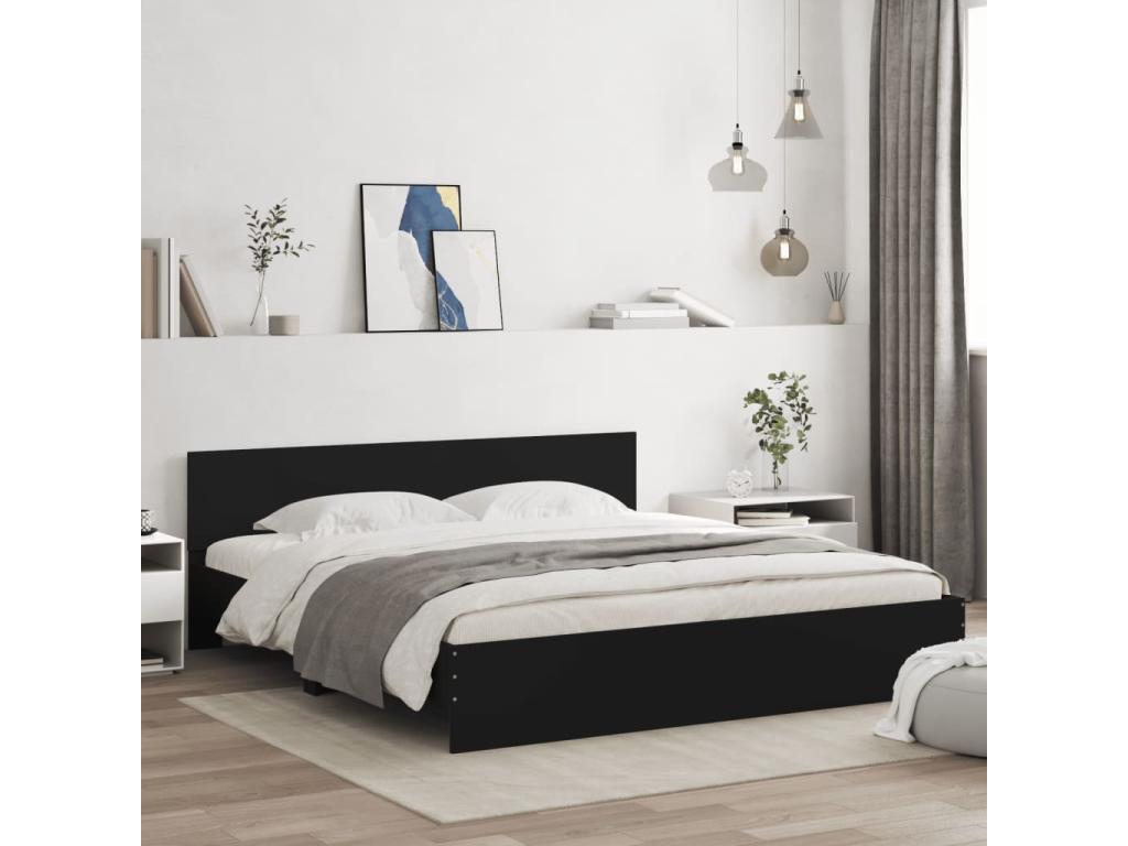 Bed frame with headboard and LED lighting, black, 200x200 cm, AMKV49378