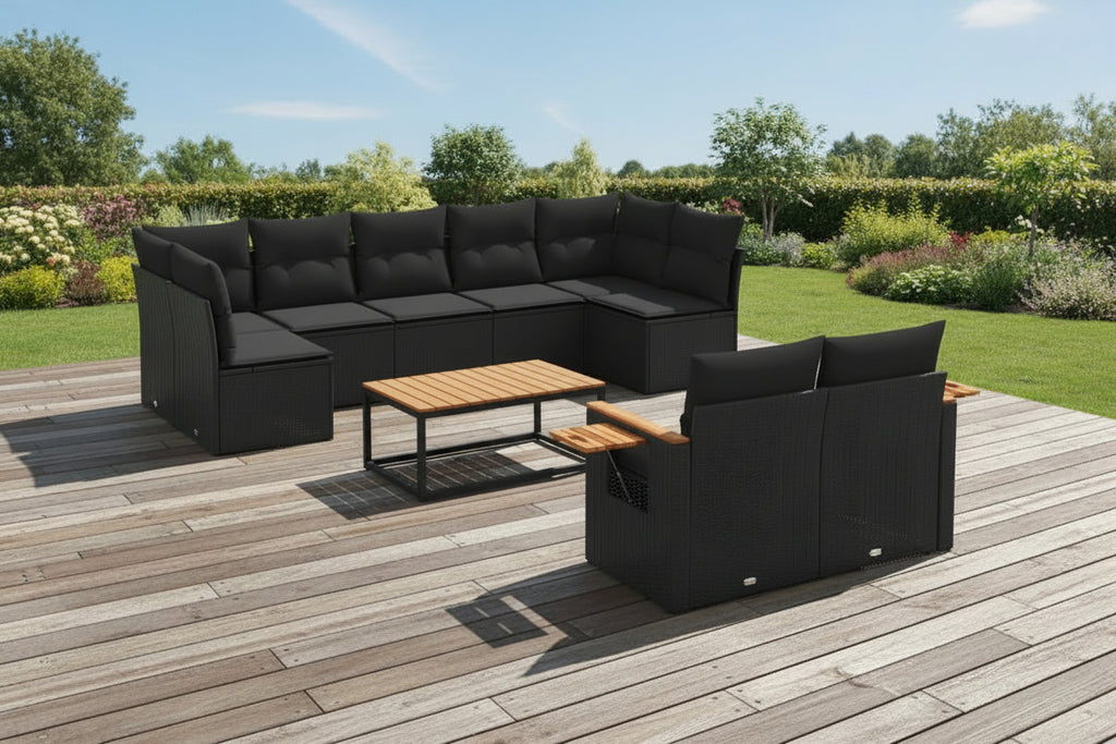 9-piece garden furniture set with cushions, black resin wicker HWEM74706