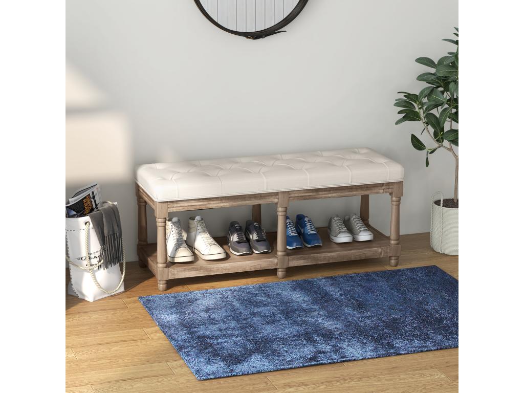 Ventoriq Classic Style Upholstered Shoe Bench with Carved Wood Shelf and Beige Fabric HYSM69826