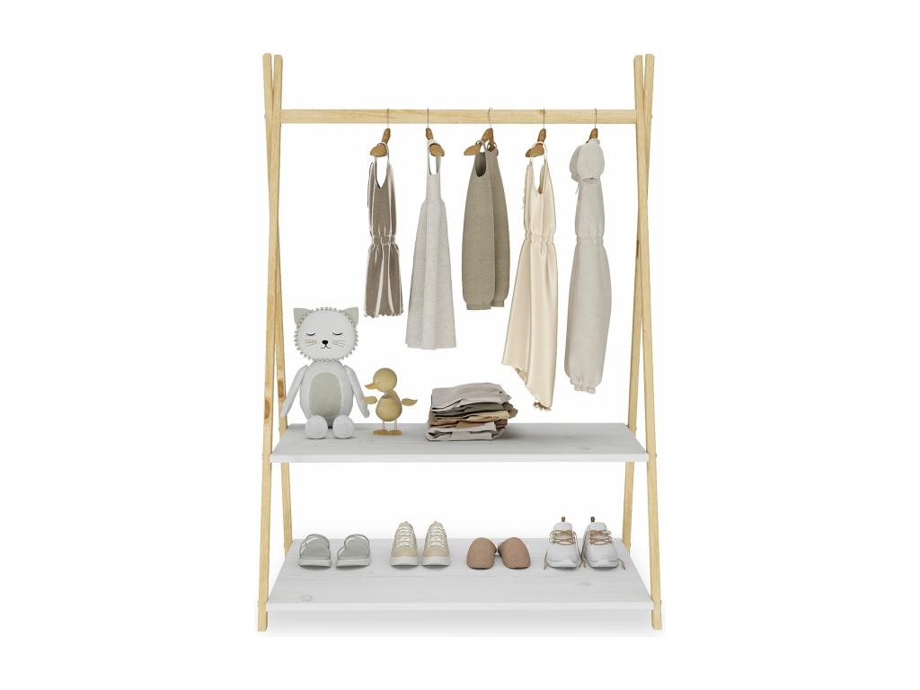 Lumenao children's wardrobe with clothes rail and two designer shelves in solid wood, natural/white color VEEH95501