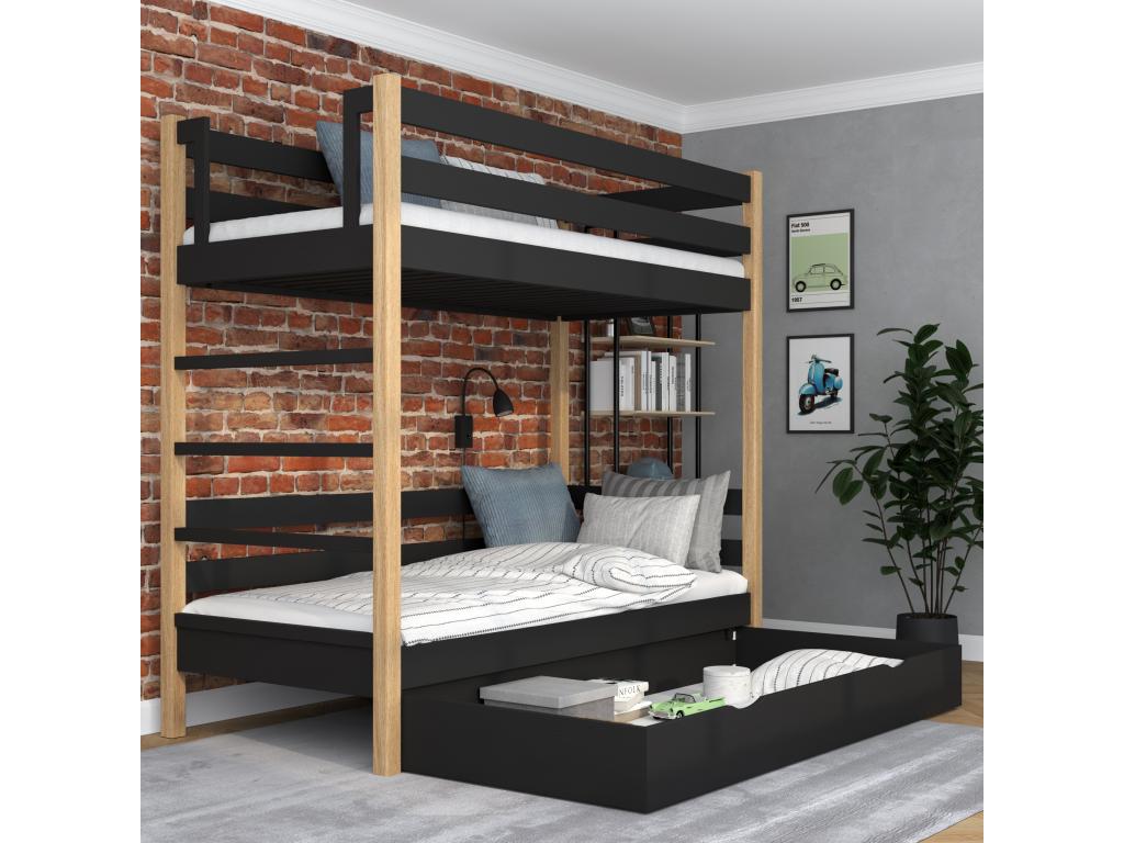 Wooden bunk bed - with drawer N03 Black / Natural Oak 120x200 GVFT58871