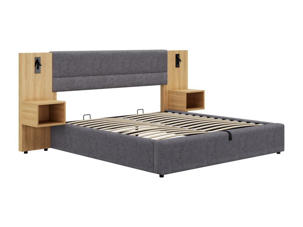 Large 180x200 cm storage bed upholstered in velvet - with USB port and LED lighting - 2 bedside tables - Grey / Natural WREH43974