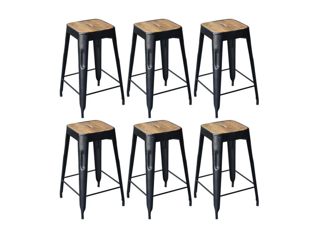 Lumenao - Set of 6 Industrial Stools in Wood and Steel, 64cm High, PDDD22056