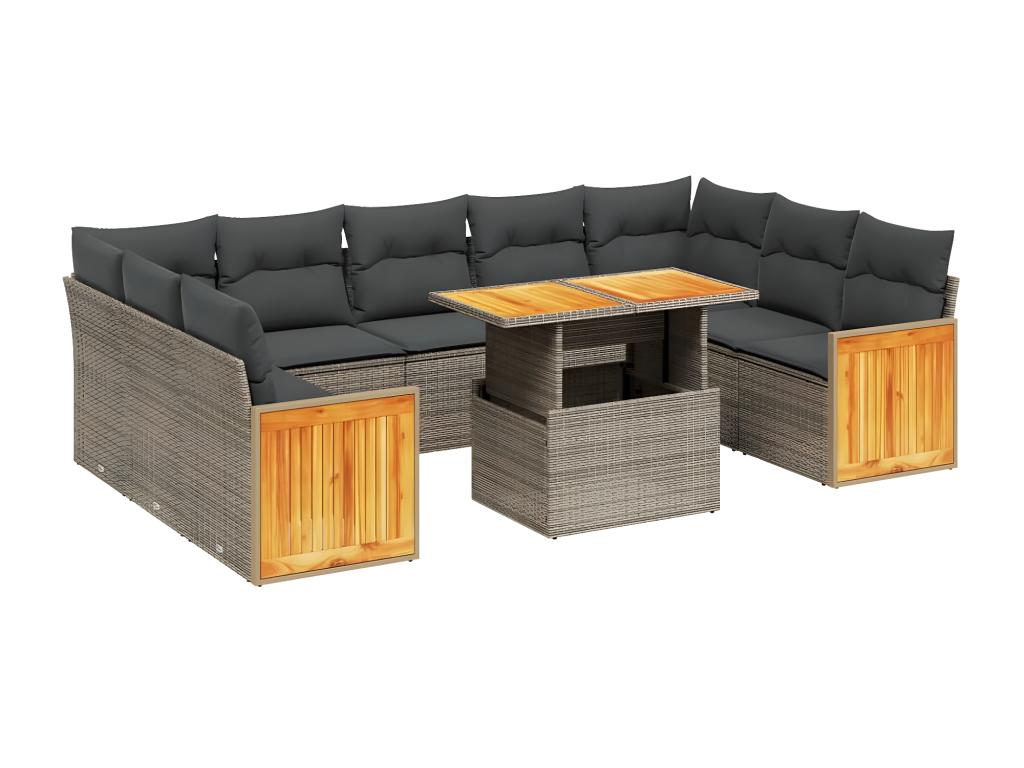 10-piece garden furniture set with cushions, grey woven resin FESW53380