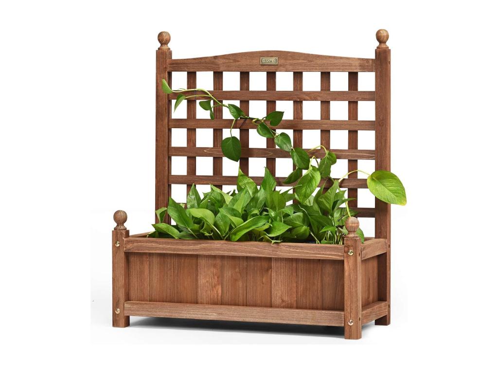 Planter with Wooden Trellis 64.5x28x75 cm Rectangular Flower Box with Drainage Holes for Garden Terrace ULIG06856