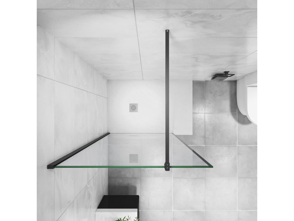 Black walk-in shower enclosure 120x200cm with black 90cm square support bar in 8mm tempered anti-limescale glass WJHG21432