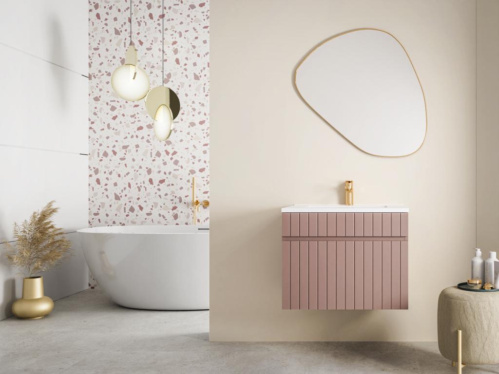 Wall-hung vanity unit with pink ribbed finish - 60 cm - Zensova DMHT86095