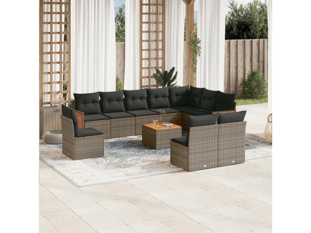 11-piece garden furniture set with grey resin wicker cushions VAOO60704