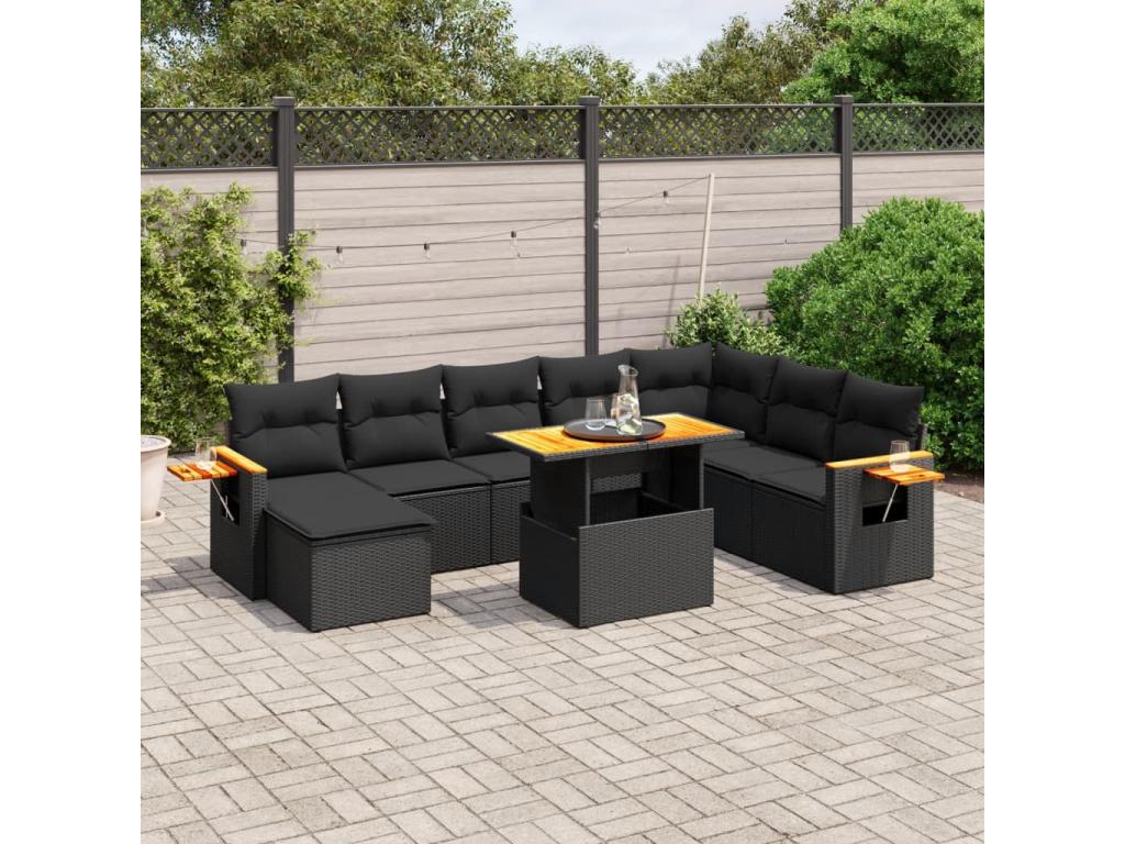 9-piece garden furniture set with cushions, black woven resin FDRF04901