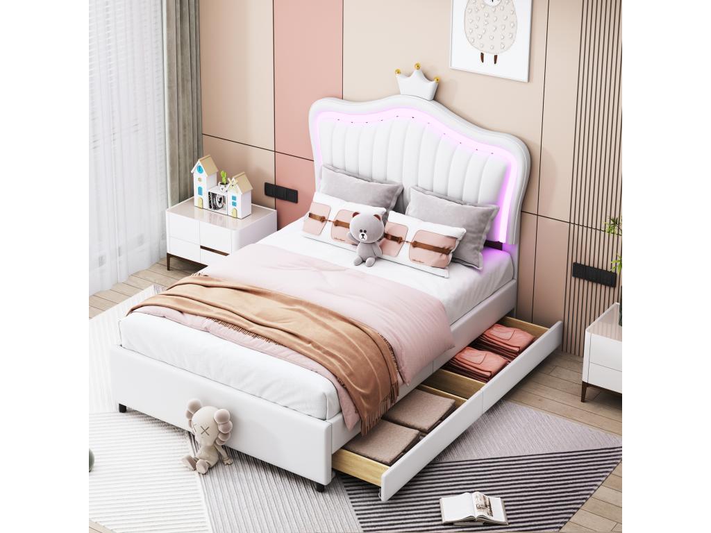 Upholstered bed 90x200 with 2 drawers - PU leather padding - Crown-shaped headboard - White NSEJ31038