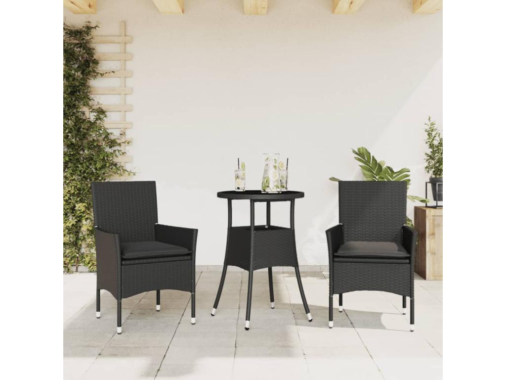 3-piece black rattan and glass garden dining set with cushions IMGD92545