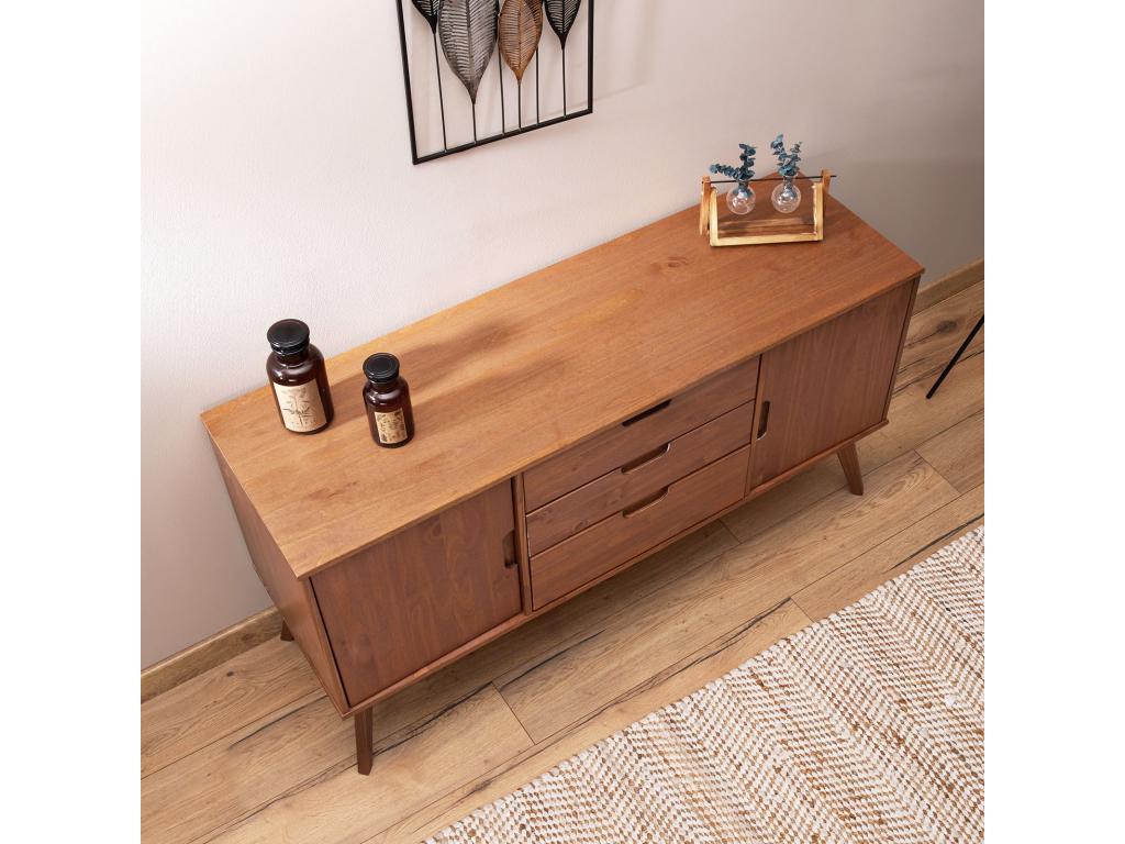 Lumenao dining room sideboard, 145 cm wide, in dark brown solid wood with 3 drawers and 2 hinged doors TSUT06496