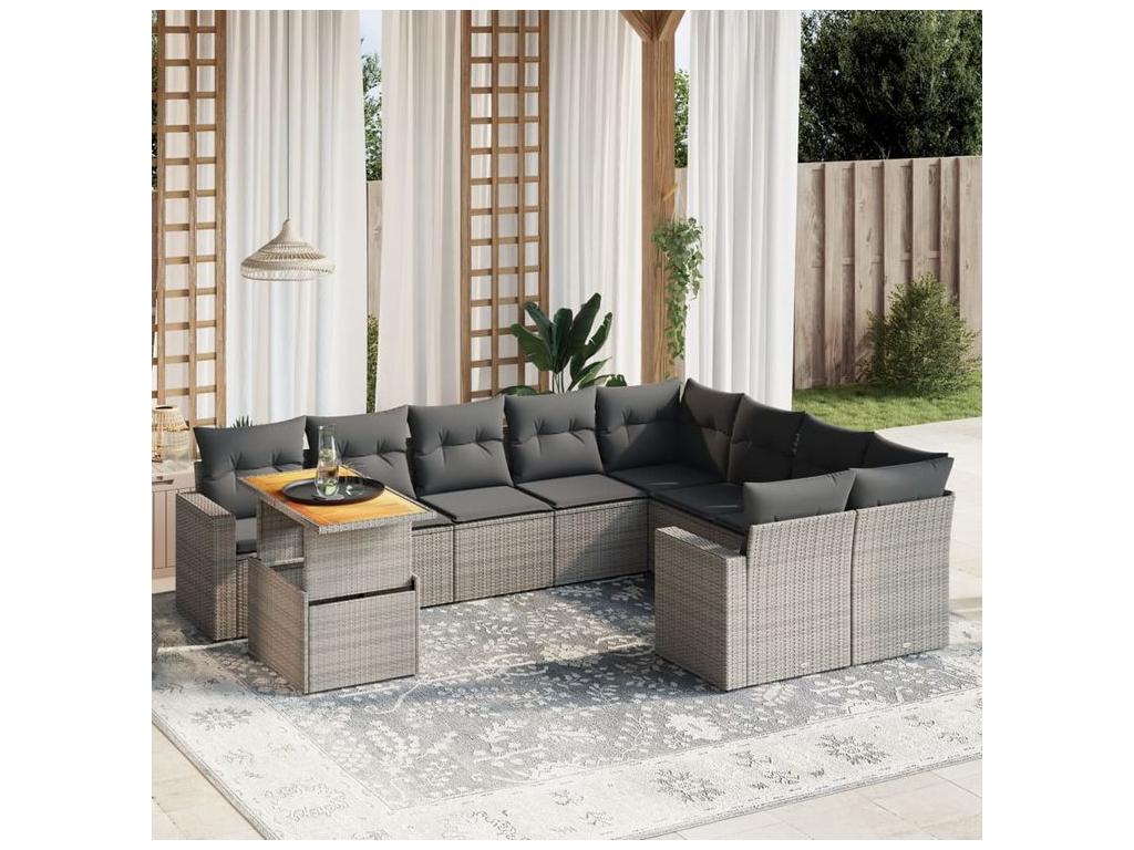 Garden furniture set with cushions, 10 pieces, grey woven resin, LSQM80649