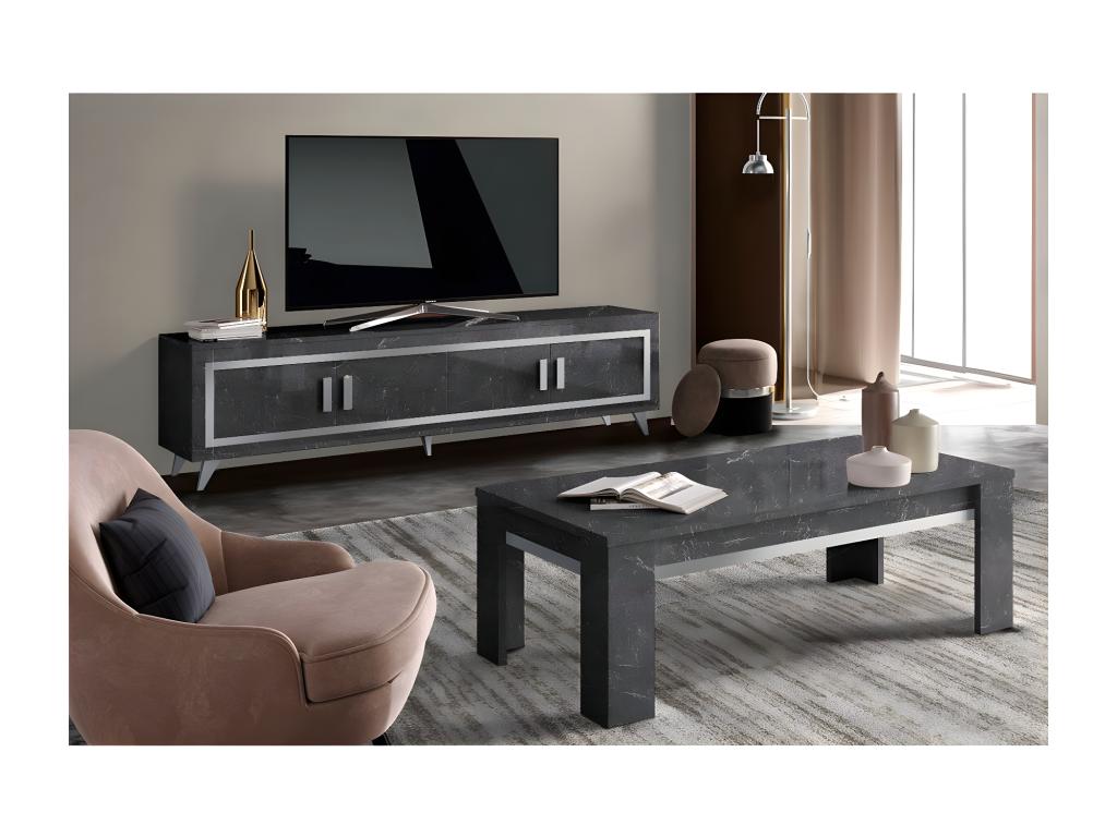 Lumenao - Anthracite Marble Effect Living Room Set with 4-Door TV Stand and Coffee Table MHWW78144