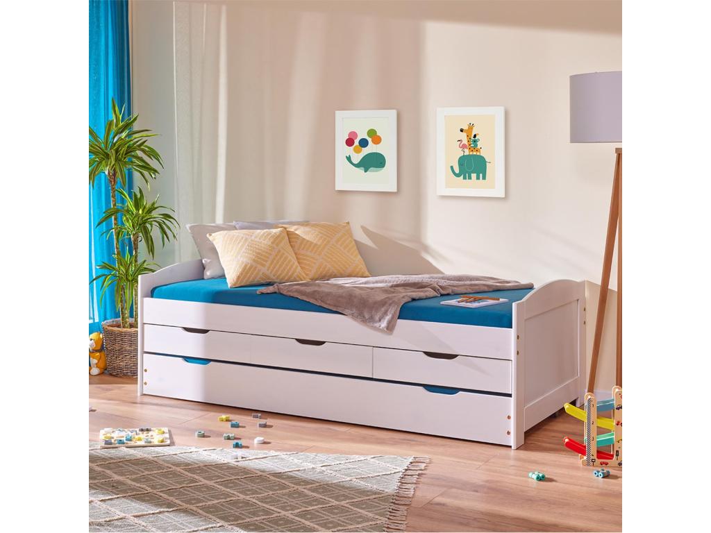 Zensova - Trundle Bed 90x200cm with 3 Drawers, Solid Wood, White Varnish QHTK13228