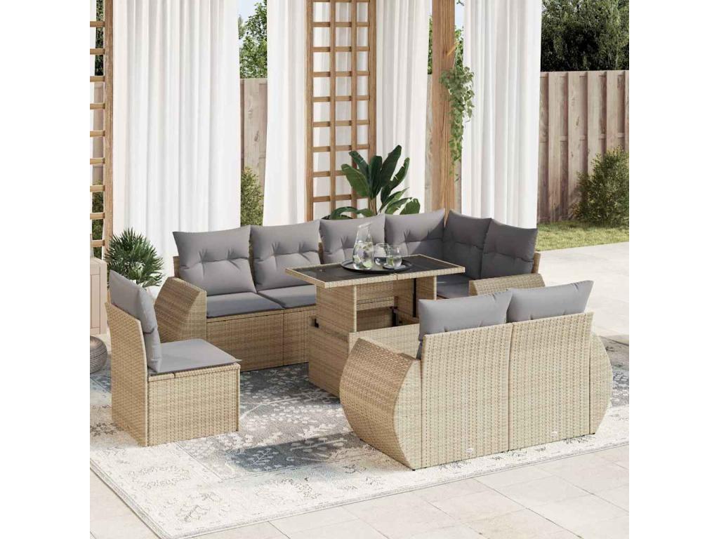 9-piece garden furniture set with cushions, beige woven resin XNHW65299
