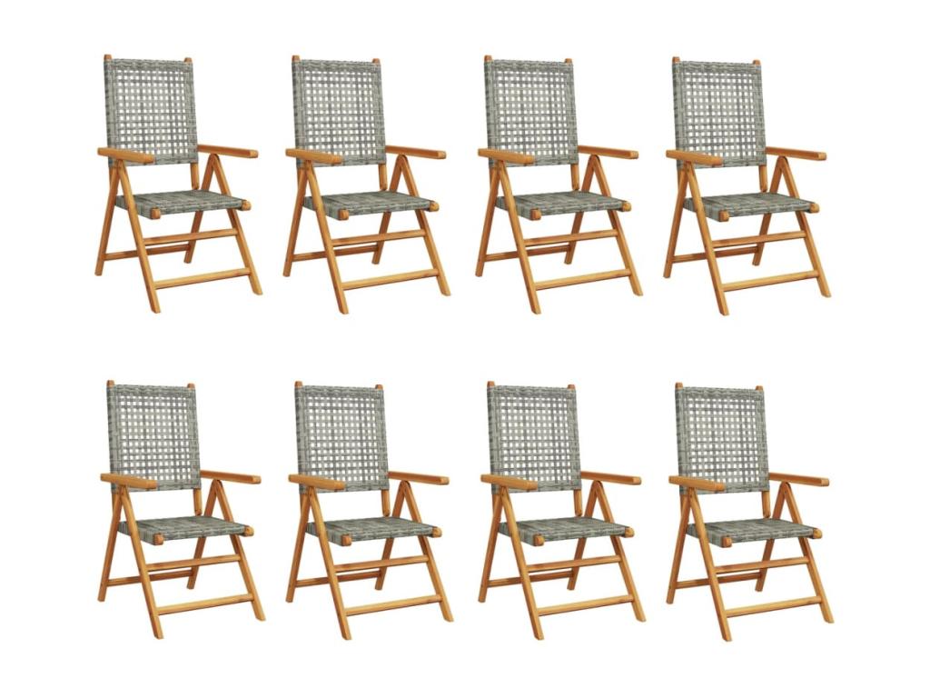 Garden reclining chairs, set of 8, grey rattan, solid wood, JRWS03784