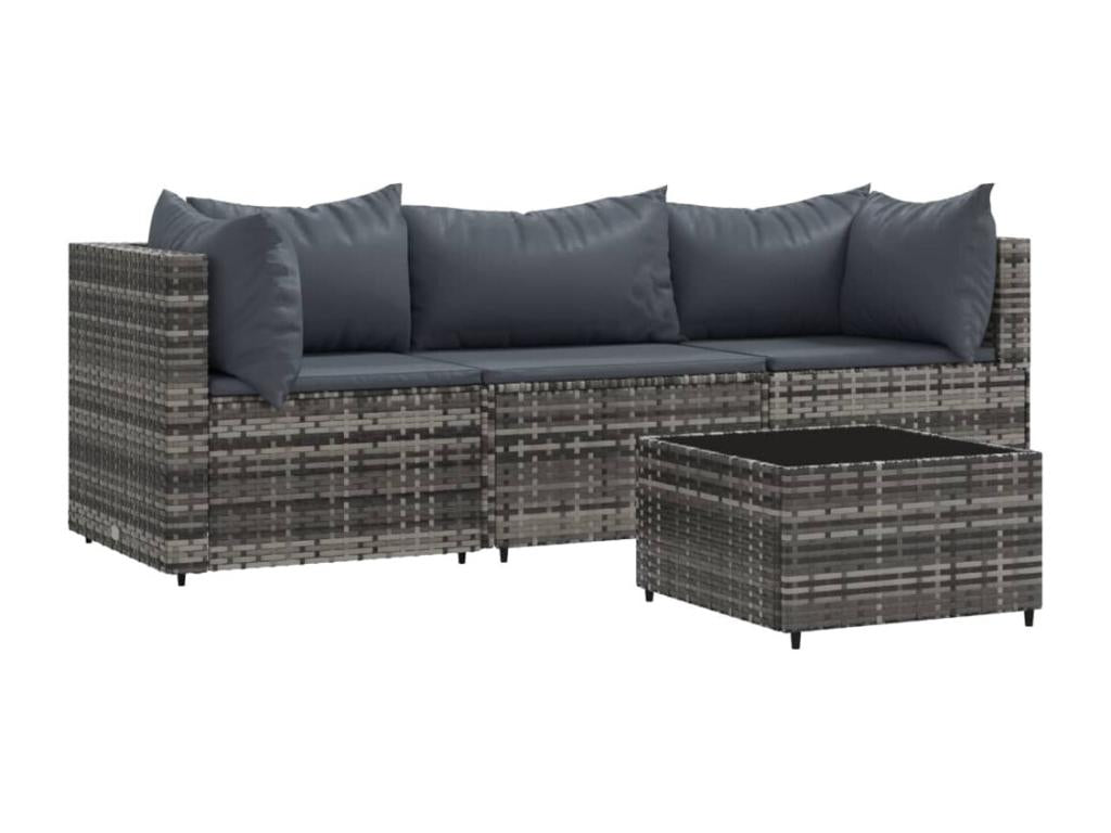 4-piece garden furniture set with cushions, grey woven resin NCQN18594