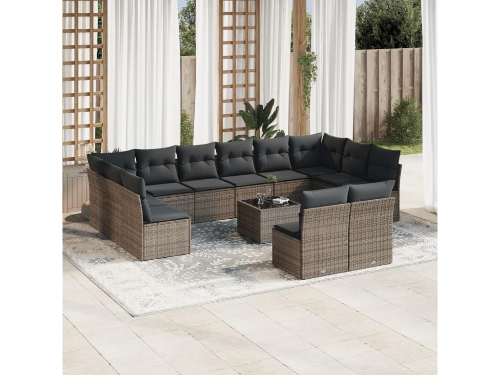 13-piece garden furniture set with cushions, grey woven resin JIBV56886