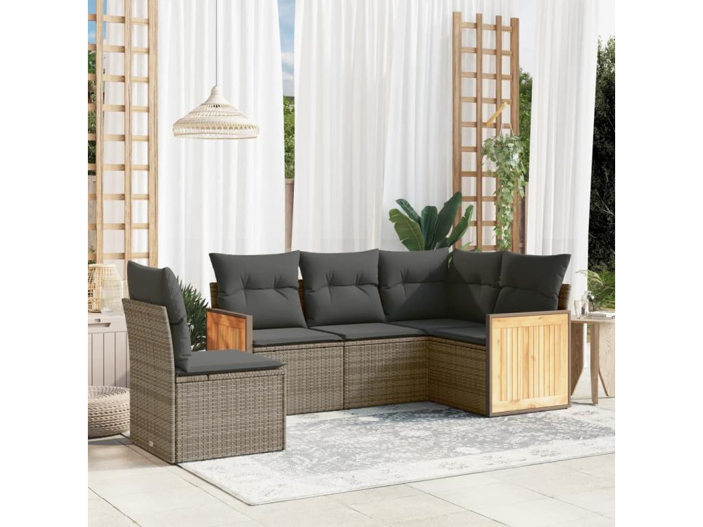 5-piece garden furniture set with grey resin wicker cushions TJFL04867