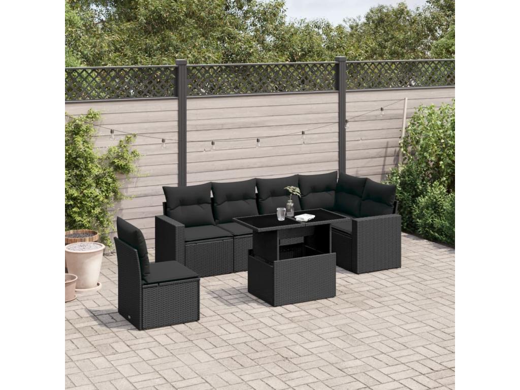 7-piece garden furniture set with cushions, black woven resin GJSY40586