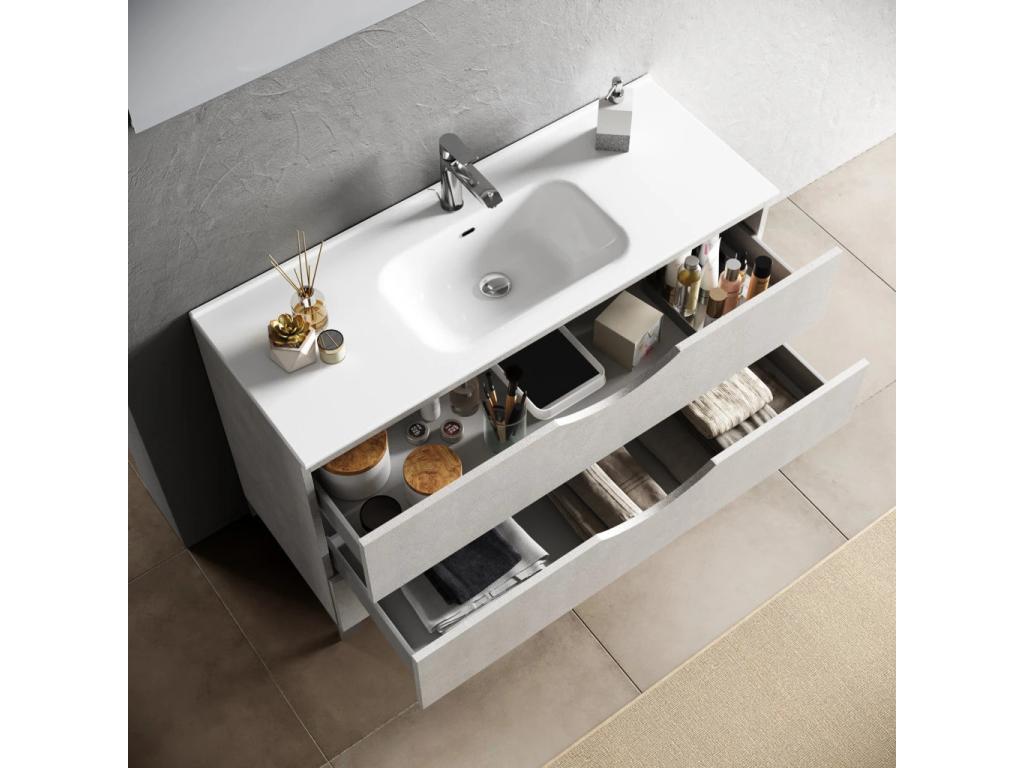 Lumenao bathroom vanity unit with 2 drawers, white stone effect, and LED mirror, 80cm wide, PMYL72577